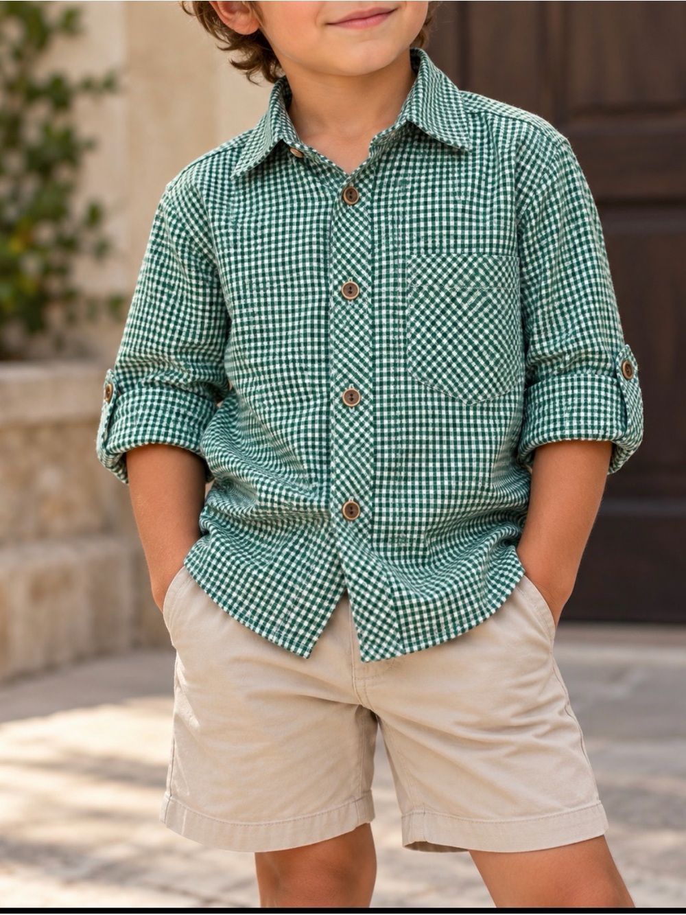 Boys' Green Gingham Button-Down Shirt Sz. 5